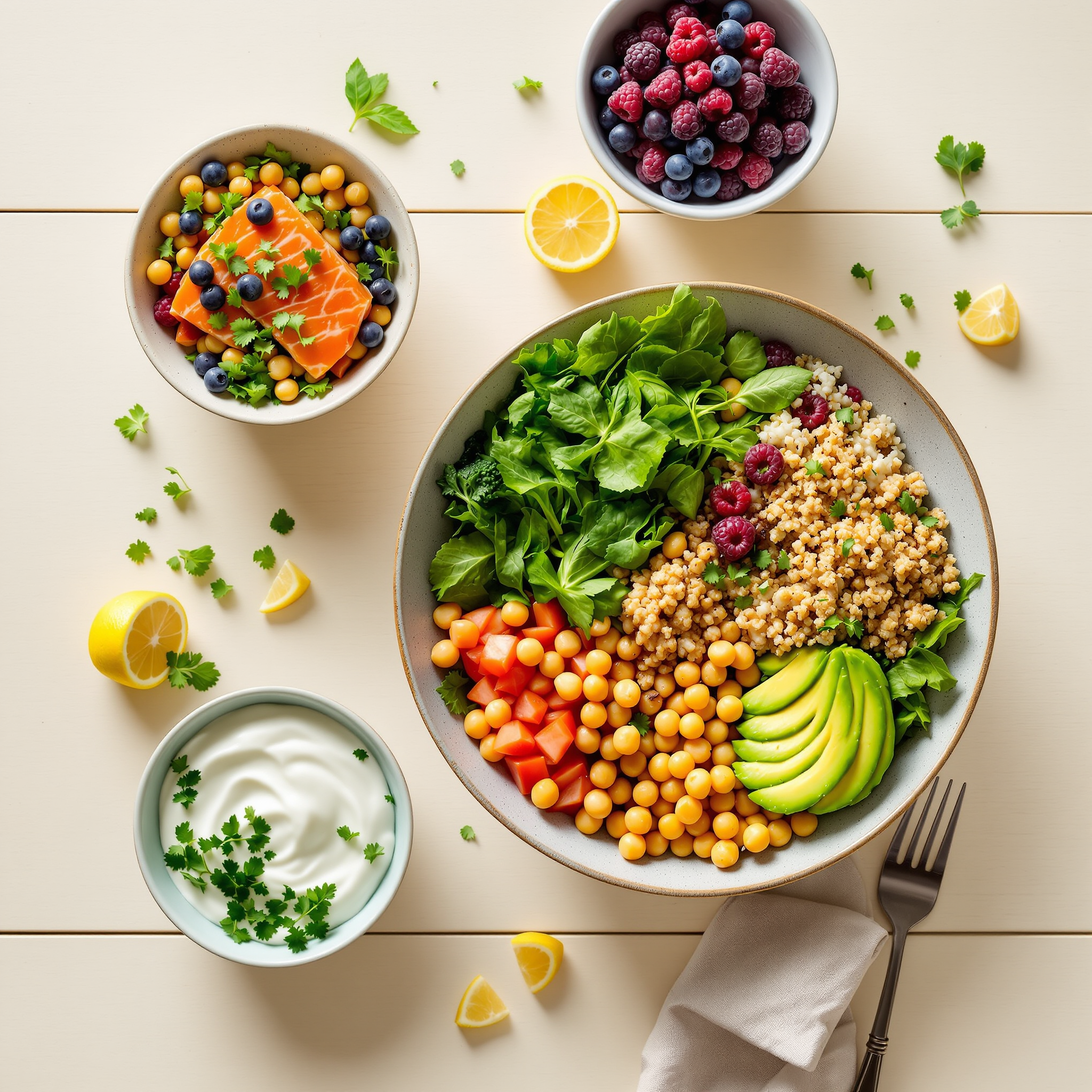Farverige sunde madskåle med avocado, bær og quinoa