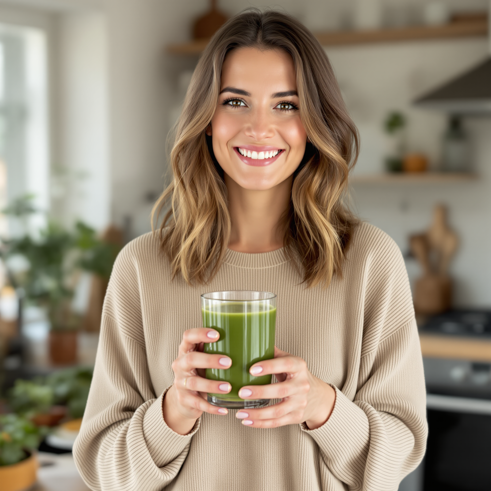 Smilende kvinde med grøn smoothie
