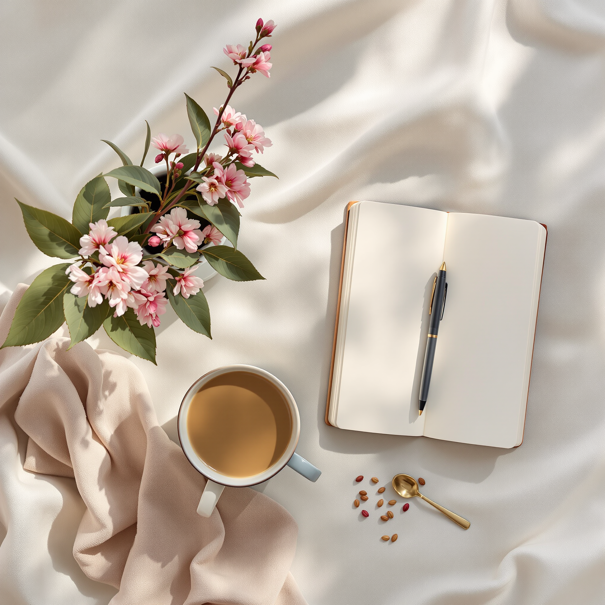 Kaffe, lyserød blomst og notesbog